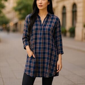 Free People CP Shades Lagenlook Blue Plaid Cotton Tunic/Dress size M Made in USA
